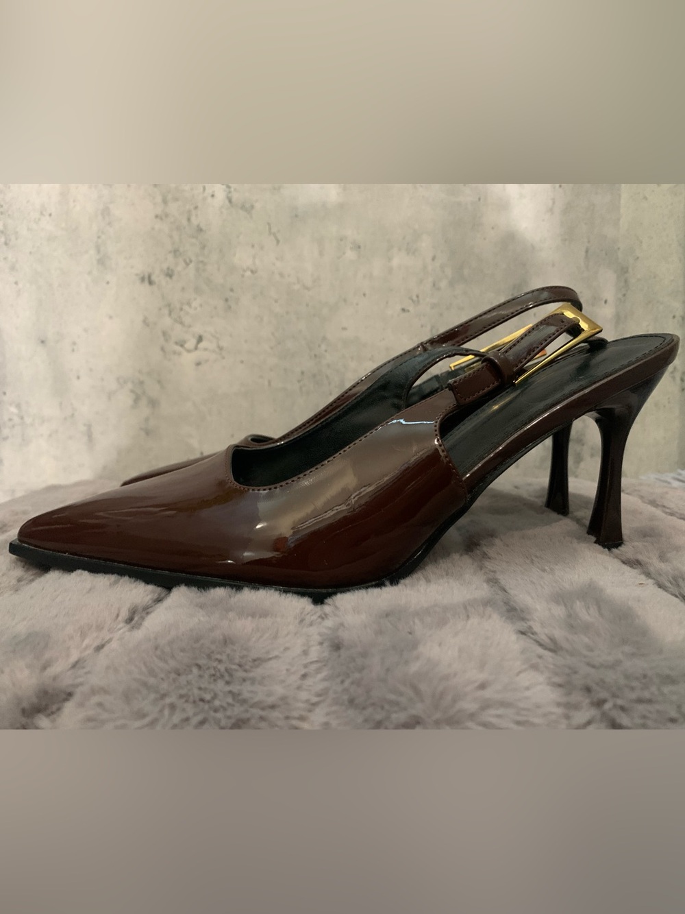 Brown Patent Pointed-Toe Slingback Heels